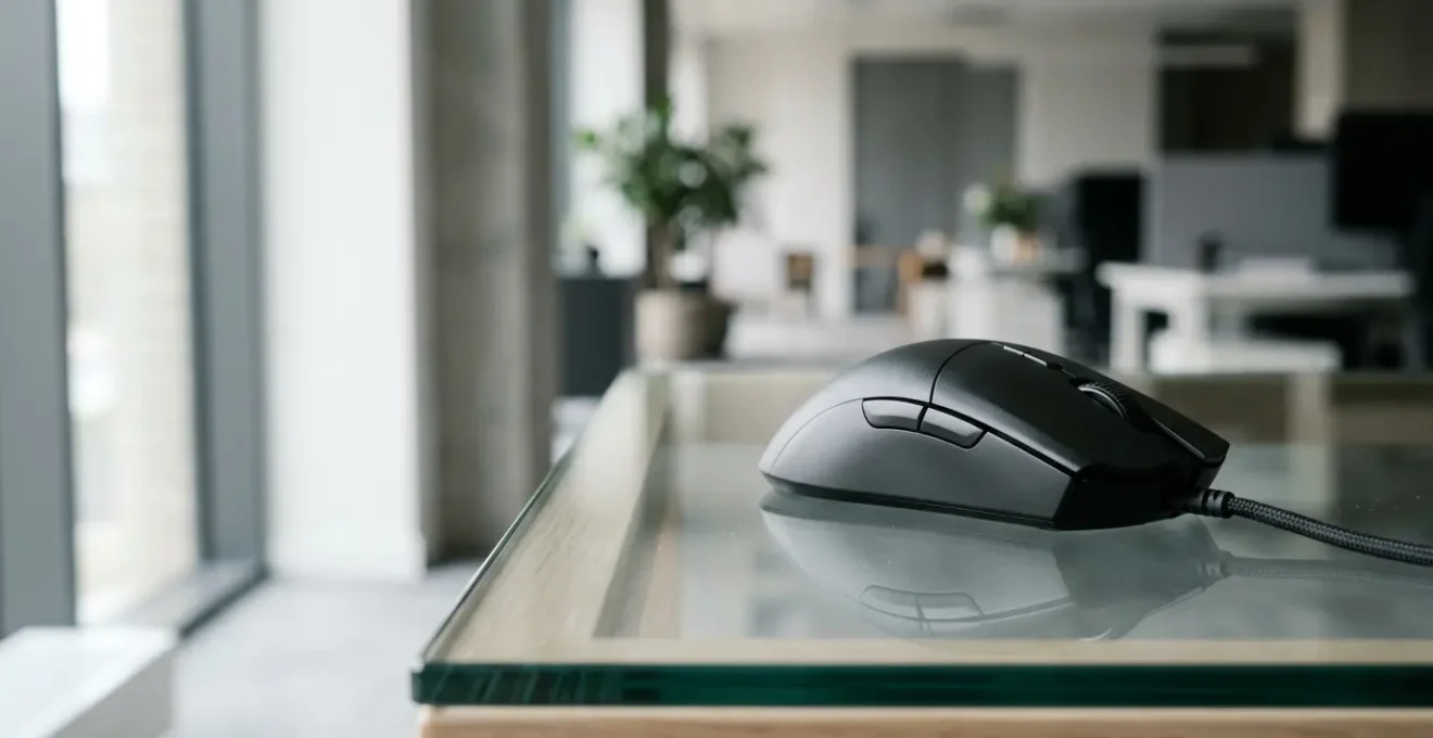 Souris d'ordinateur moderne sur une surface réfléchissante illustrant les défis de compatibilité des capteurs