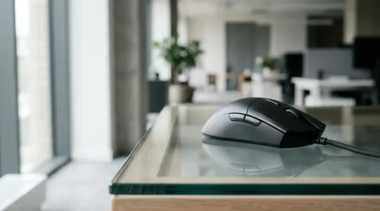 Souris d'ordinateur moderne sur une surface réfléchissante illustrant les défis de compatibilité des capteurs