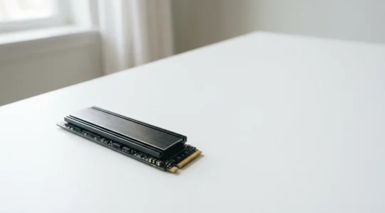 Disque SSD nouvelle generation installe dans ordinateur moderne avec cable de connexion