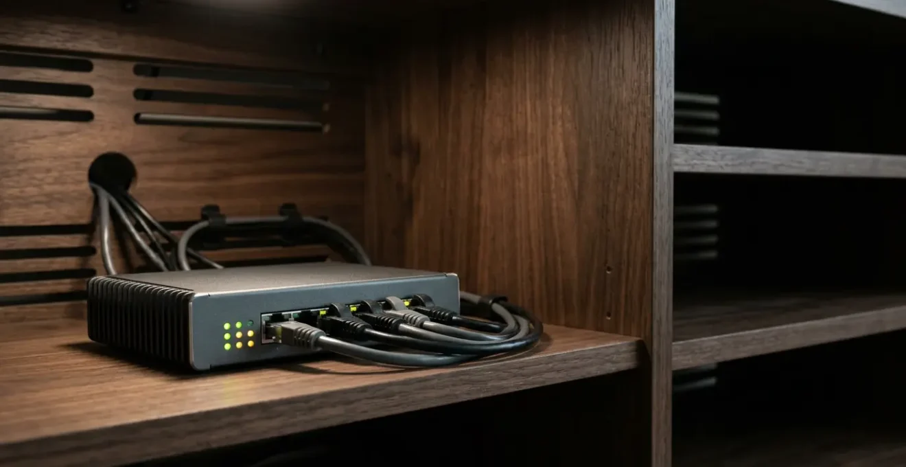 Switch réseau 8 ports à boîtier métallique dans un meuble TV fermé avec circulation d'air