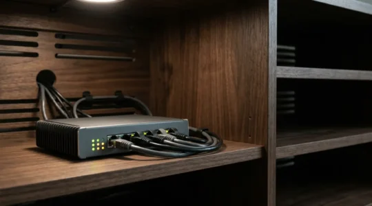 Switch réseau 8 ports à boîtier métallique dans un meuble TV fermé avec circulation d'air