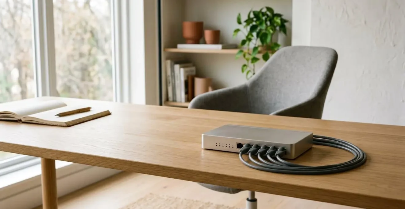 Installation professionnelle de switch Ethernet dans un environnement de bureau à domicile moderne