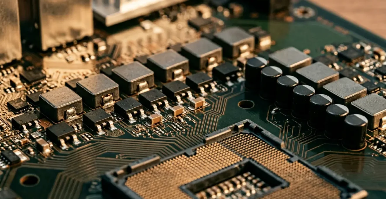 Vue rapprochée des circuits d'alimentation d'une carte mère moderne avec traces de cuivre et composants VRM