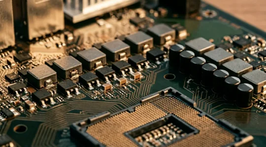 Vue rapprochée des circuits d'alimentation d'une carte mère moderne avec traces de cuivre et composants VRM