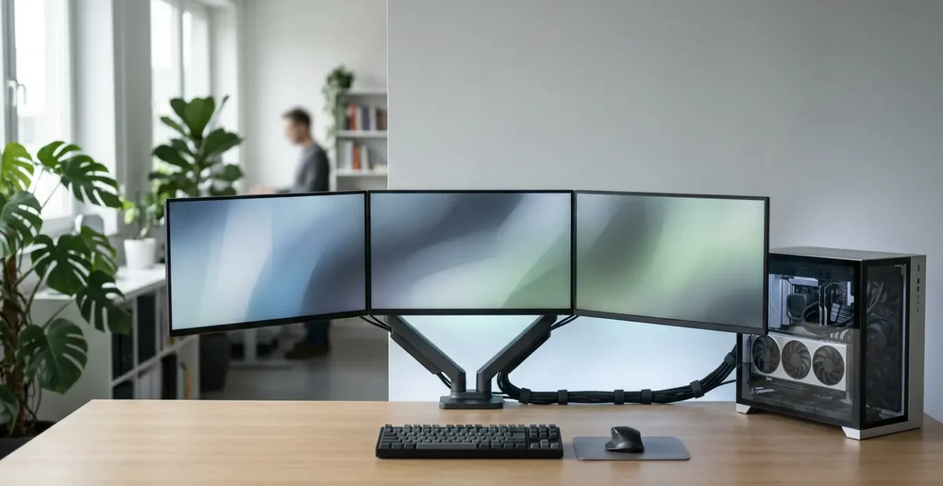 Configuration de bureau professionnel avec trois écrans 4K connectés à une carte graphique haute performance