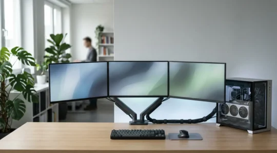 Configuration de bureau professionnel avec trois écrans 4K connectés à une carte graphique haute performance