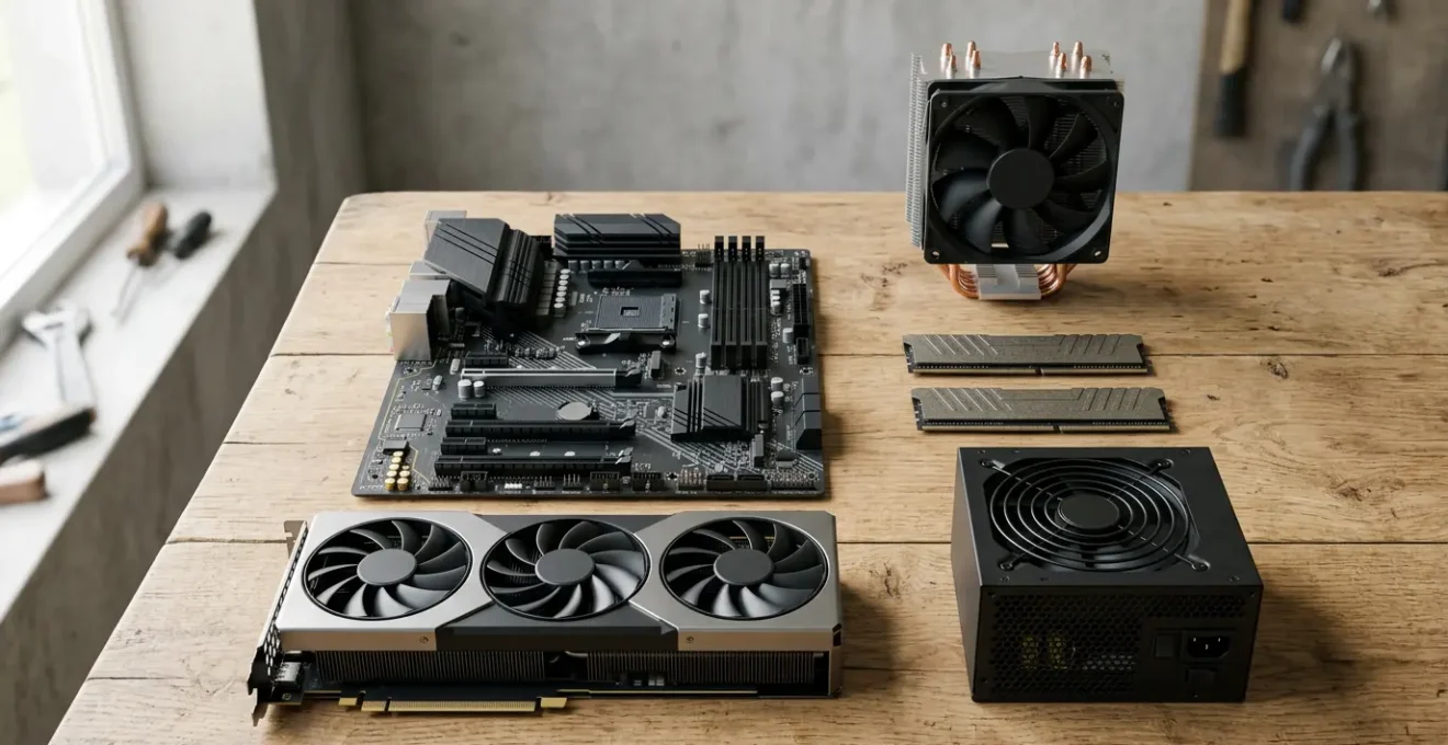 Atelier de montage PC avec composants informatiques alignés sur plan de travail