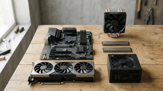 Atelier de montage PC avec composants informatiques alignés sur plan de travail