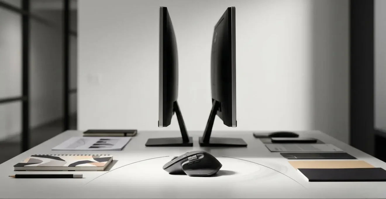 Démonstration visuelle de l'amplitude de mouvement du bras pour un réglage DPI optimal sur configuration double écran