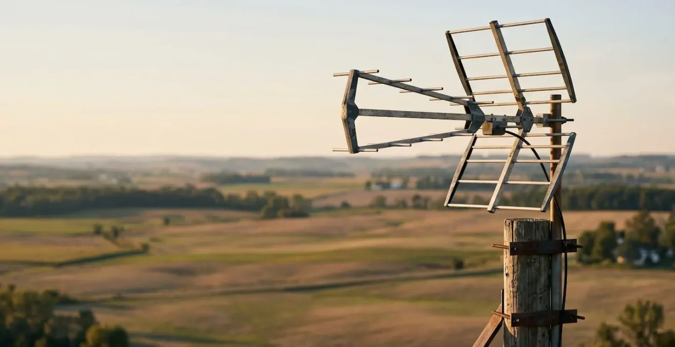 Antenne directionnelle 4G installée sur un support extérieur avec paysage rural en arrière-plan