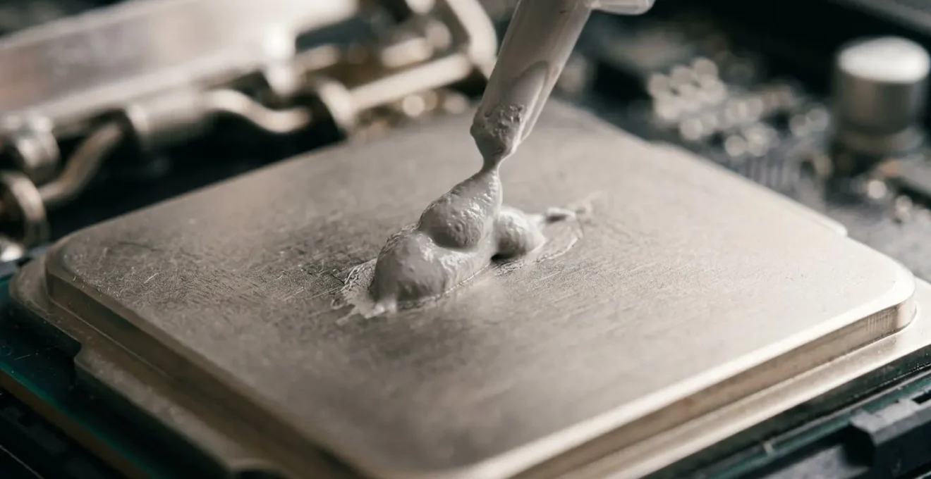 Macro détaillée de l'application de pâte thermique sur un processeur avec texture et viscosité visible