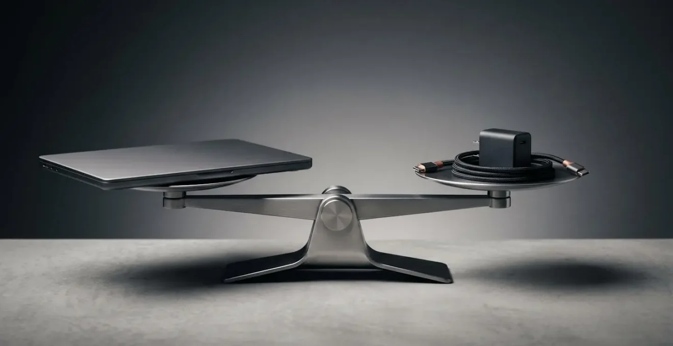 Comparaison visuelle entre un ultrabook léger et ses accessoires de charge sur une balance professionnelle