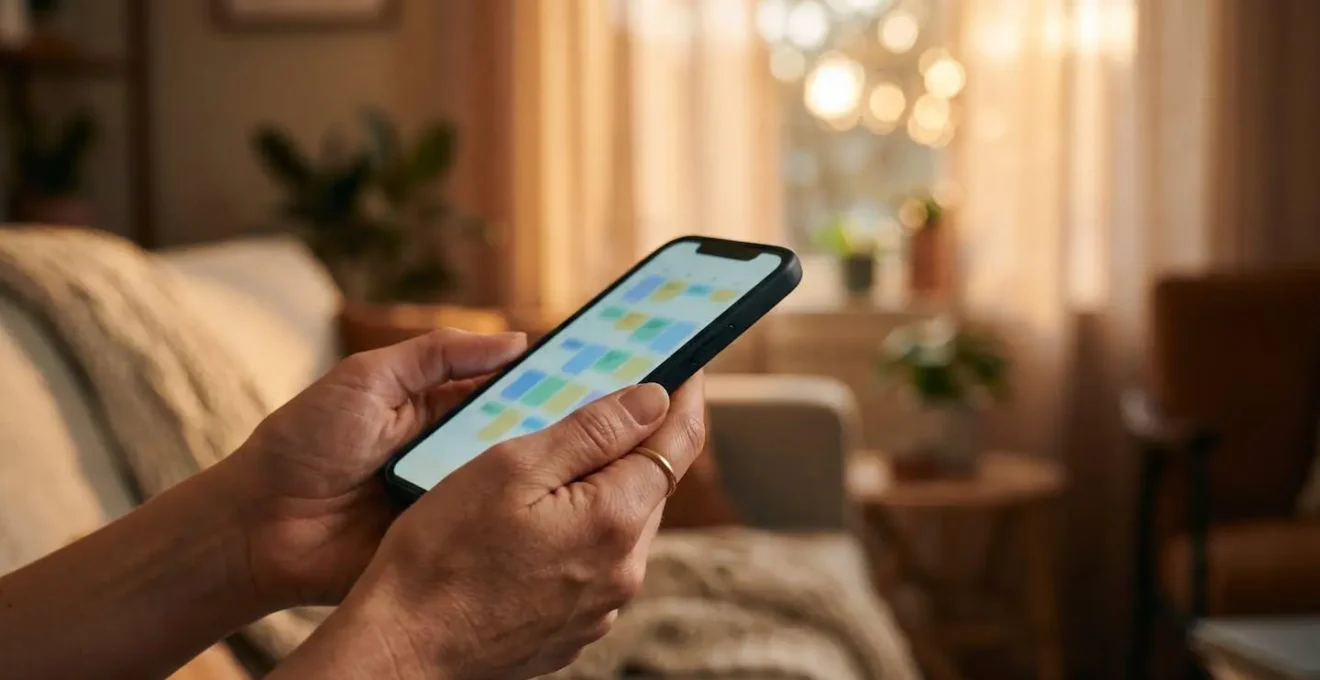Mains tenant un smartphone montrant un calendrier de rendez-vous avec un technicien fibre dans un environnement chaleureux
