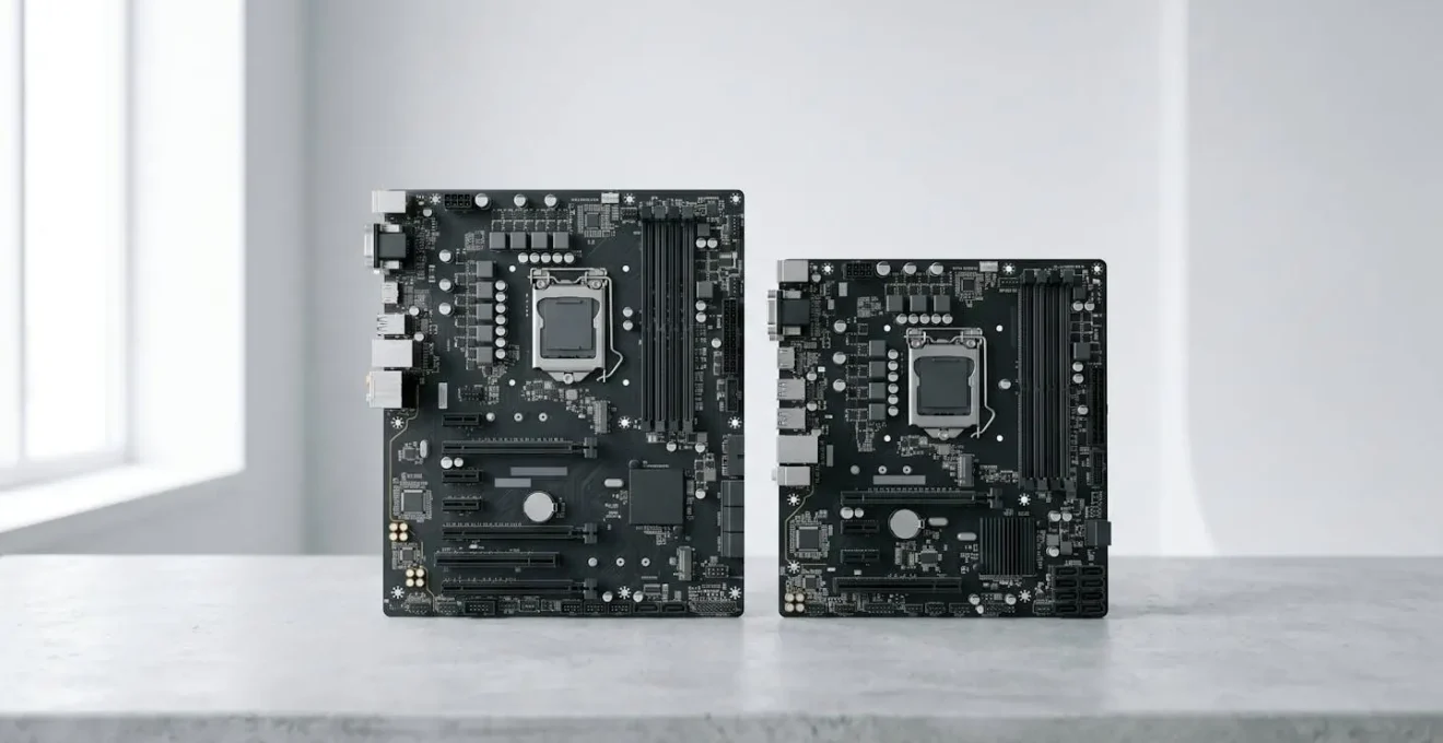 Comparaison visuelle des formats de carte mère ATX et Micro-ATX dans un environnement minimaliste