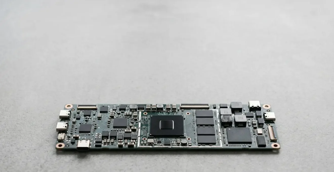Vue rapprochée d'une carte mère d'ultrabook moderne montrant des composants soudés de manière permanente