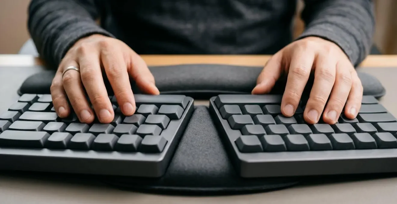 Clavier ergonomique split montrant la position naturelle des poignets et avant-bras