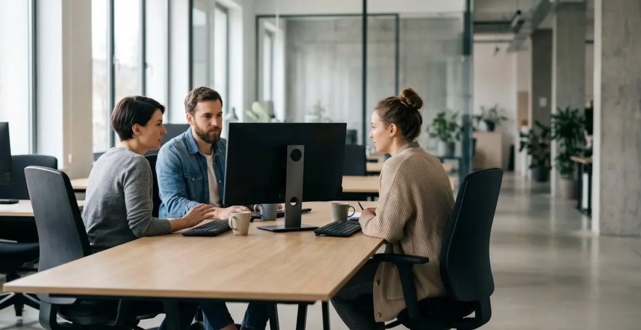 Vue grand angle d'un espace de travail collaboratif avec plusieurs personnes