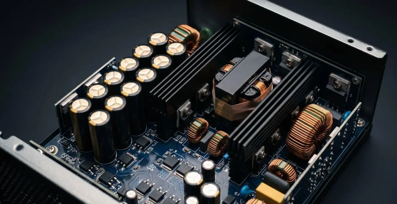 Vue intérieure d'une alimentation PC de qualité montrant condensateurs et circuits électroniques