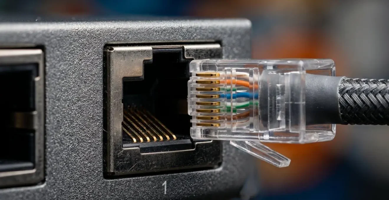 Gros plan sur un port Ethernet PoE avec équipement réseau professionnel