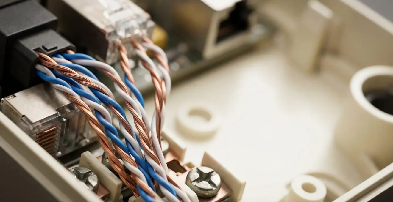 Gros plan macro sur un boîtier DTI ouvert montrant les connexions de câbles téléphoniques avec détails des fils colorés
