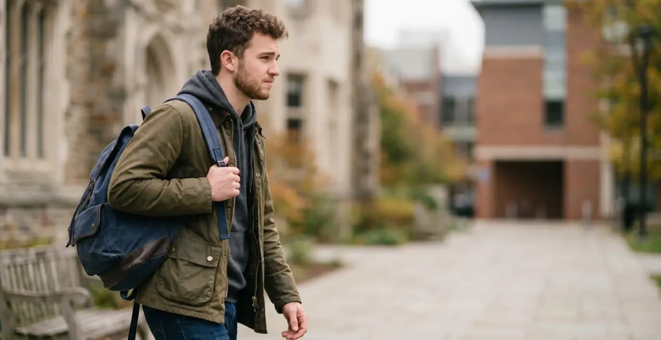 Étudiant portant un sac à dos alourdi par un PC gaming massif dans un environnement de campus universitaire