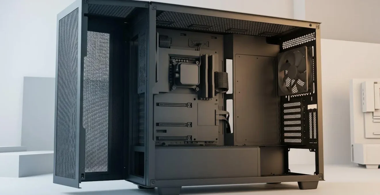 Vue d'ensemble d'un boîtier PC montrant le flux d'air optimal avec ventilateurs en entrée et sortie