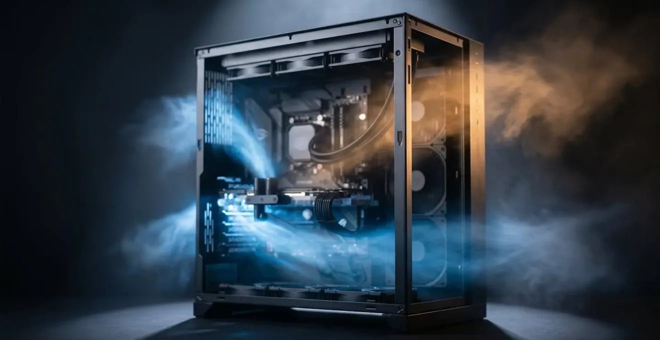 Vue d'ensemble minimaliste d'un boîtier PC ouvert dans un environnement épuré montrant le cheminement de l'air