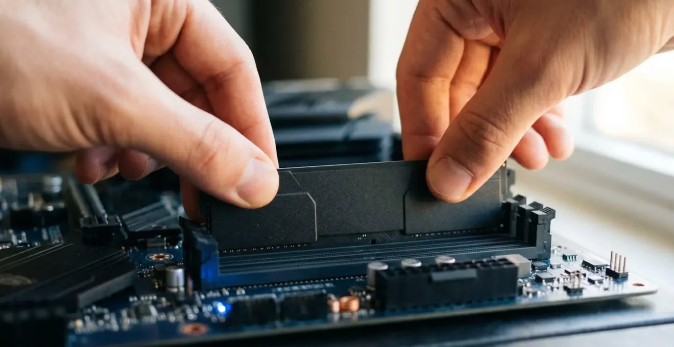 Geste d'installation montrant la pression simultanée sur les extrémités d'une barrette RAM