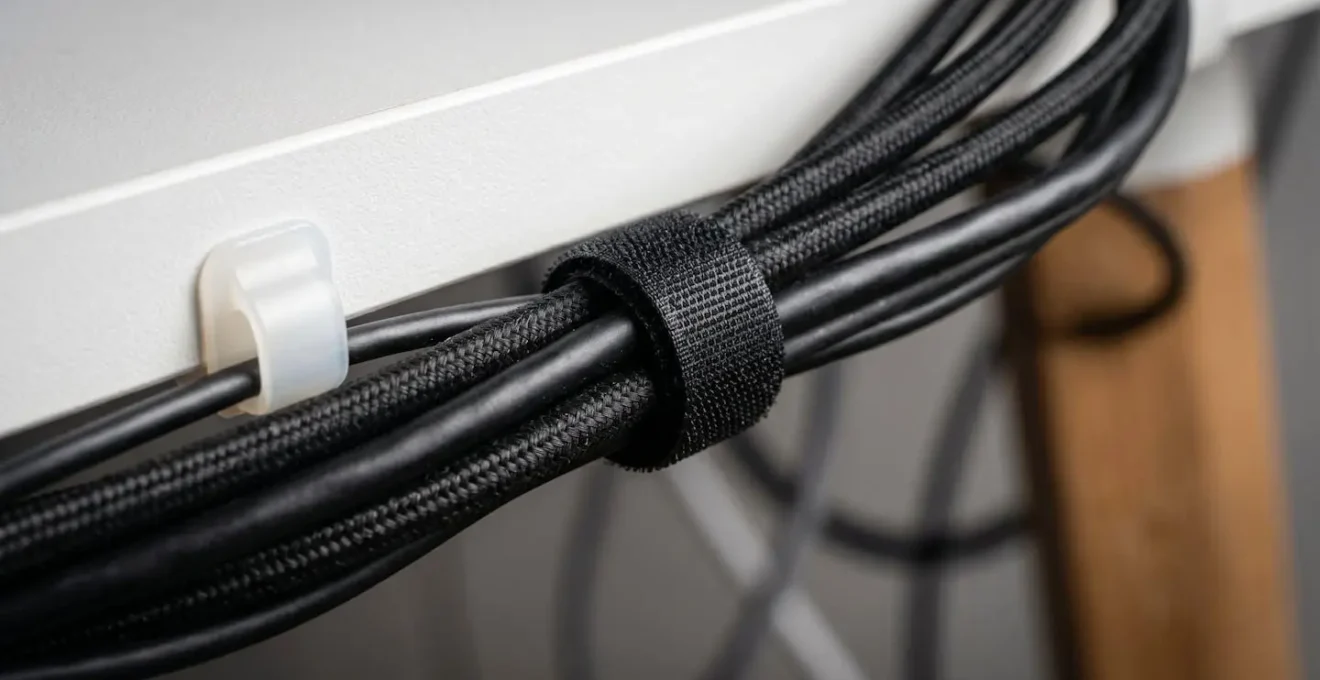 Organisation méthodique des câbles sous un bureau avec accessoires de fixation et zones définies
