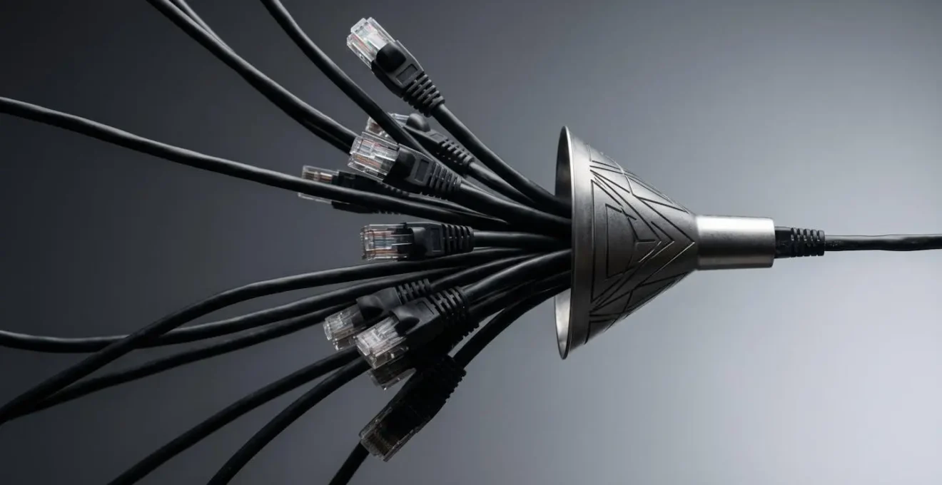 Métaphore visuelle d'un goulot d'étranglement réseau avec câbles Ethernet