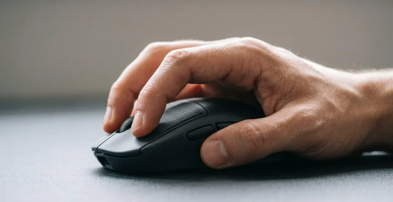 Vue rapprochee d'une main en position claw grip sur une souris gaming ultra-legere