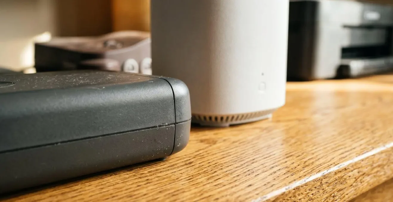 Collection d'objets connectés domestiques de différentes générations disposés sur une surface en bois illustrant les défis de compatibilité WiFi