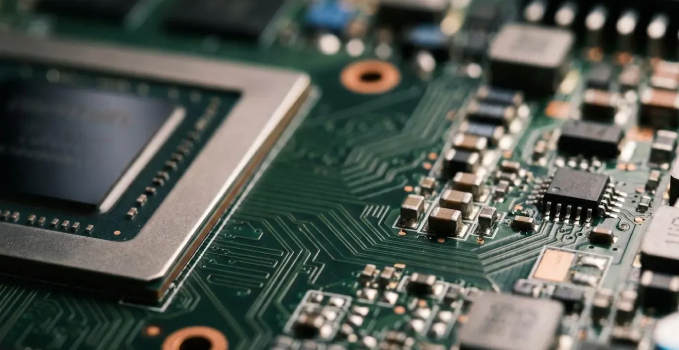 Vue macro rapprochée de circuits imprimés GPU avec zones de traitement graphique, lumière naturelle révélant les micro-textures du silicium et des condensateurs