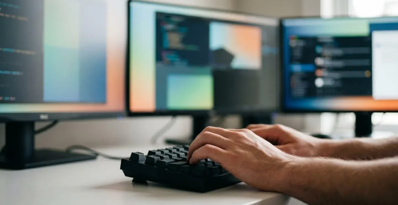 Configuration de trois écrans organisés pour un workflow de développeur avec zones de travail optimisées