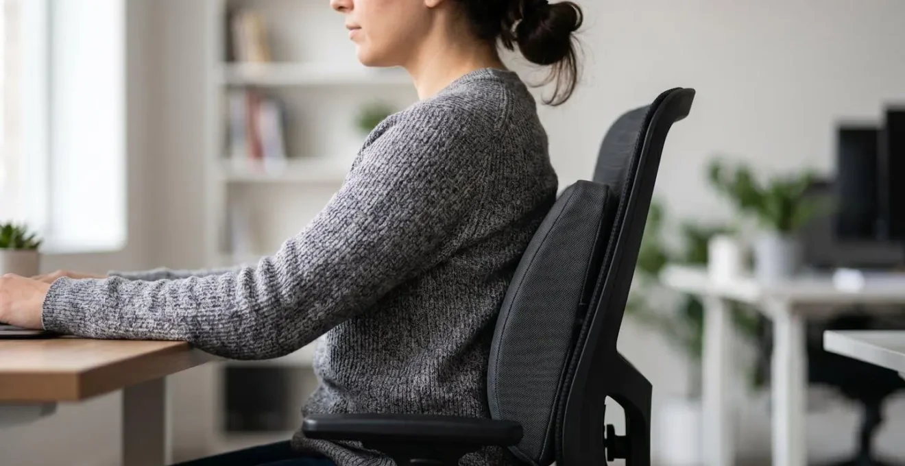 Démonstration du positionnement optimal d'un coussin lombaire pour une personne de petite taille assise à un bureau