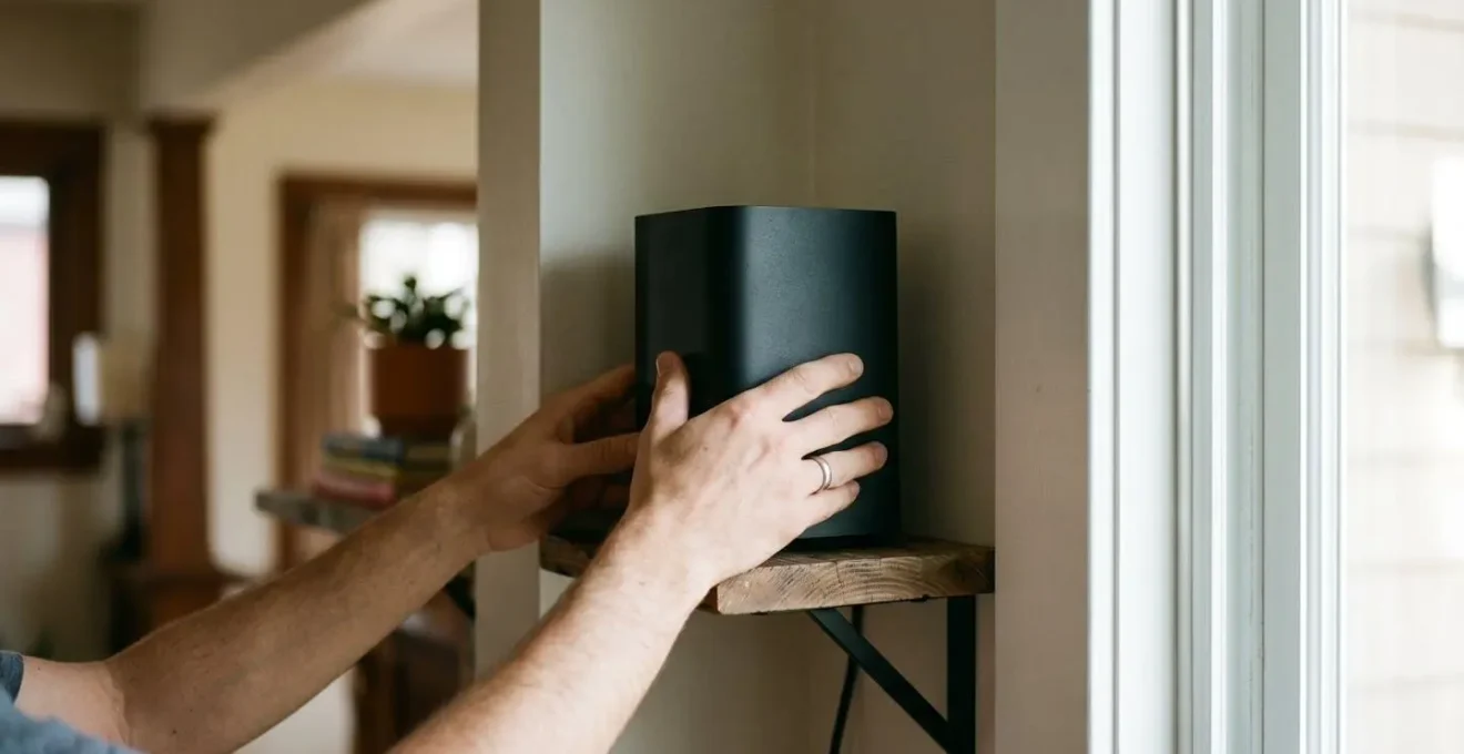 Vue en plongée d'un routeur WiFi positionné stratégiquement en hauteur dans l'angle d'une pièce pour optimiser la couverture réseau