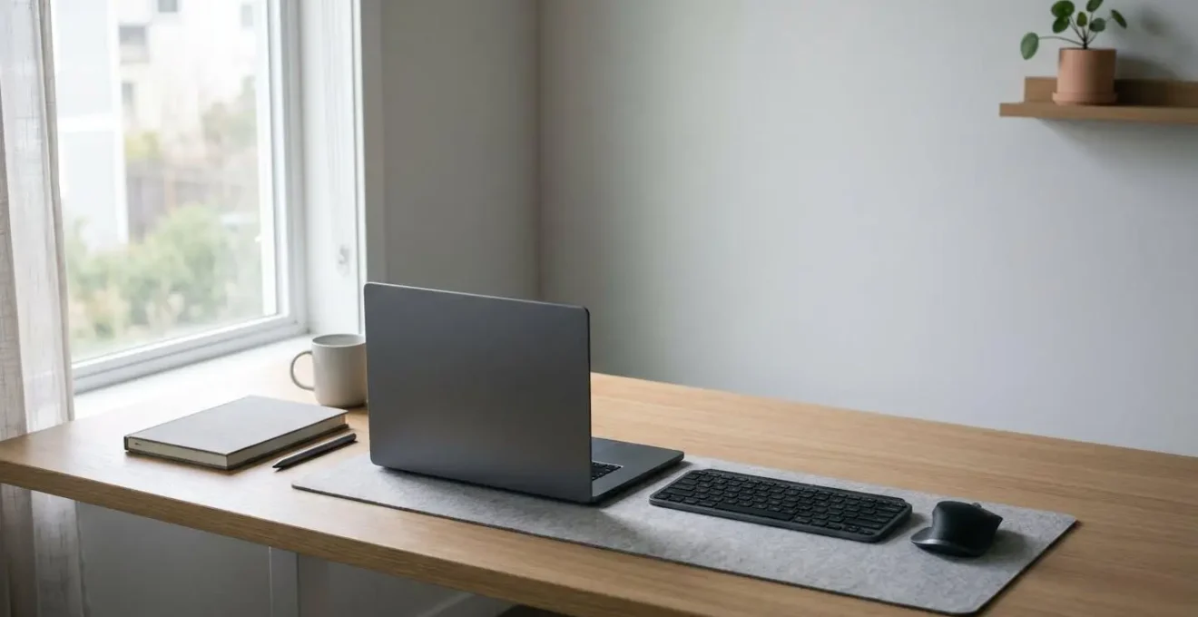 Vue environnementale d'un espace de travail minimaliste pour développeur avec reflets subtils sur surfaces métalliques