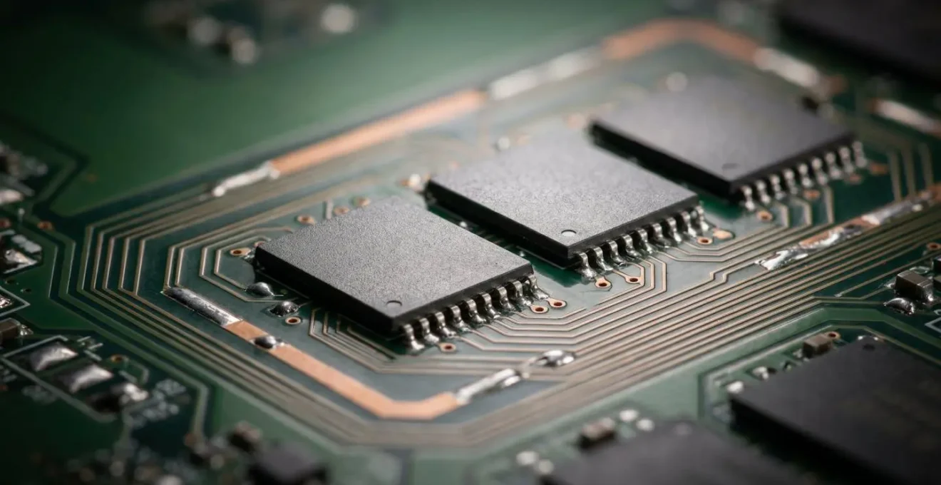 Vue macro détaillée de puces de mémoire LPDDR soudées sur une carte mère d'ultrabook