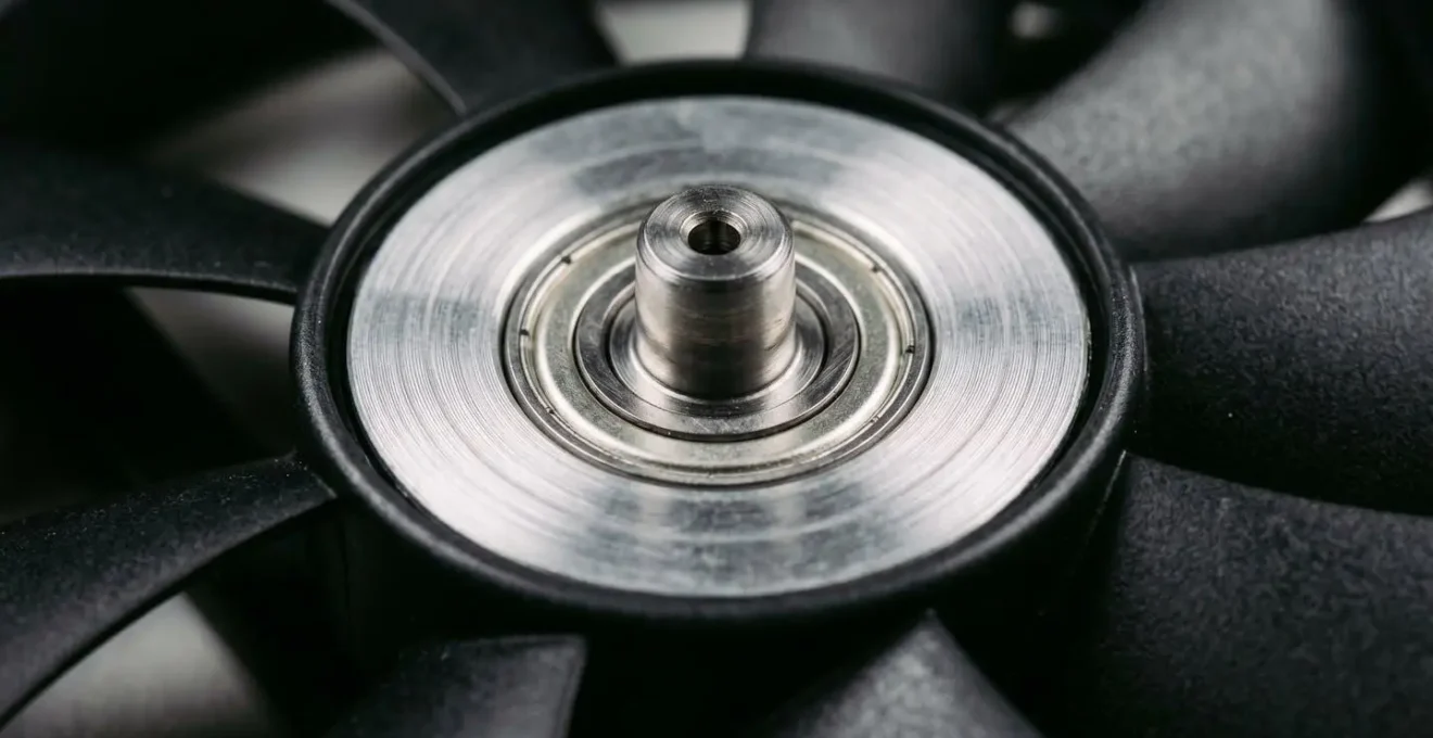 Gros plan macro sur le mécanisme de roulement d'un ventilateur PC montrant les détails mécaniques