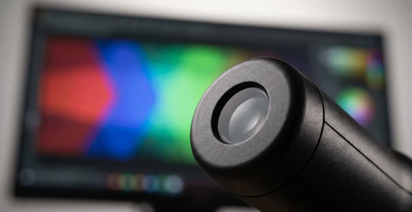 Gros plan macro d'une sonde de calibration colorimétrique positionnée contre un écran d'ordinateur, captant des patchs de couleurs lors du processus d'étalonnage