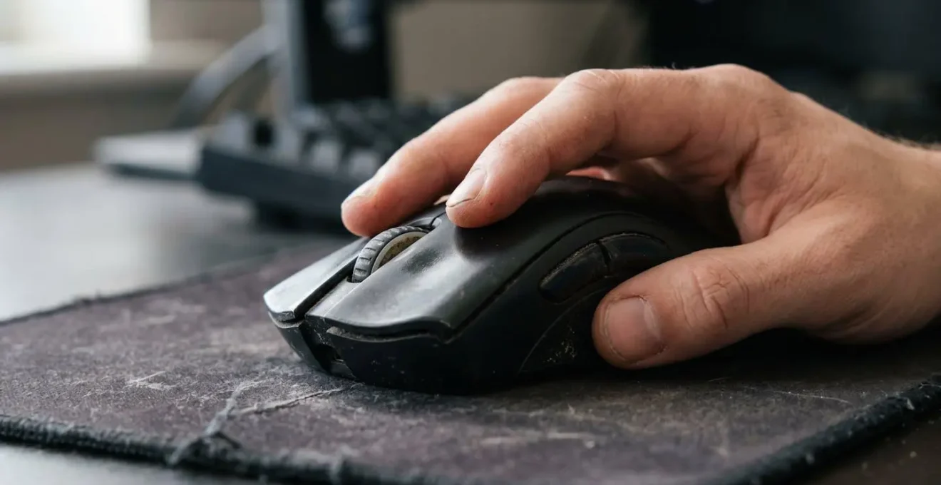 Vue en contre-plongee d'une souris gaming montrant les signes d'usure et de vieillissement du materiel
