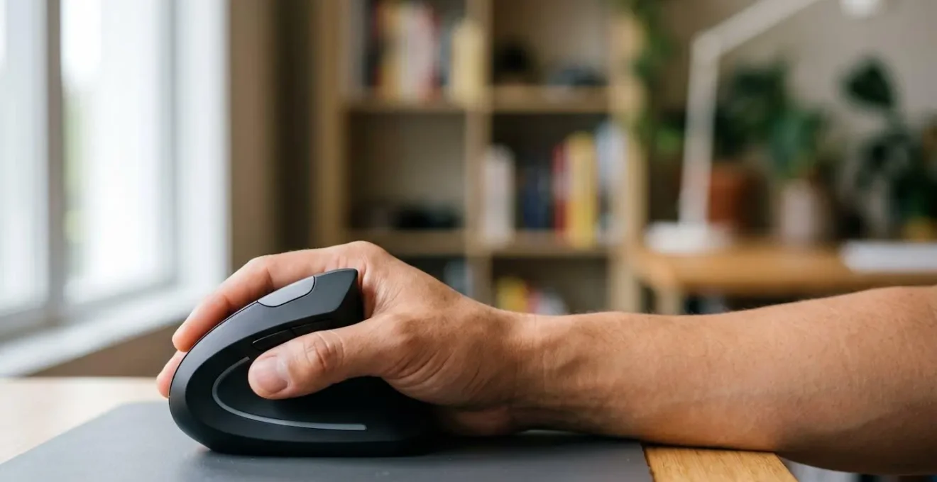 Souris verticale ergonomique illustrant la position naturelle de l'avant-bras similaire à une poignée de main