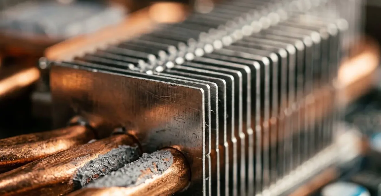 Détail macro d'un dissipateur thermique révélant la texture métallique et les ailettes de refroidissement