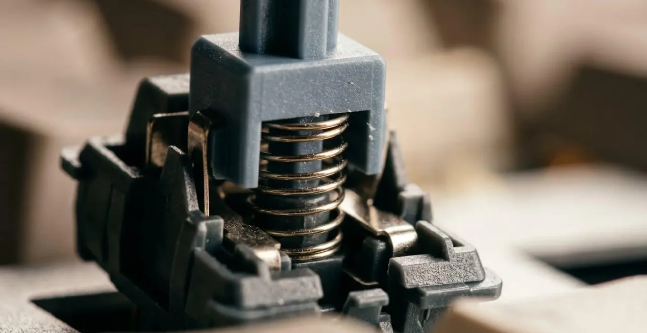 Gros plan macro sur les détails texturaux d'un switch mécanique révélant sa construction