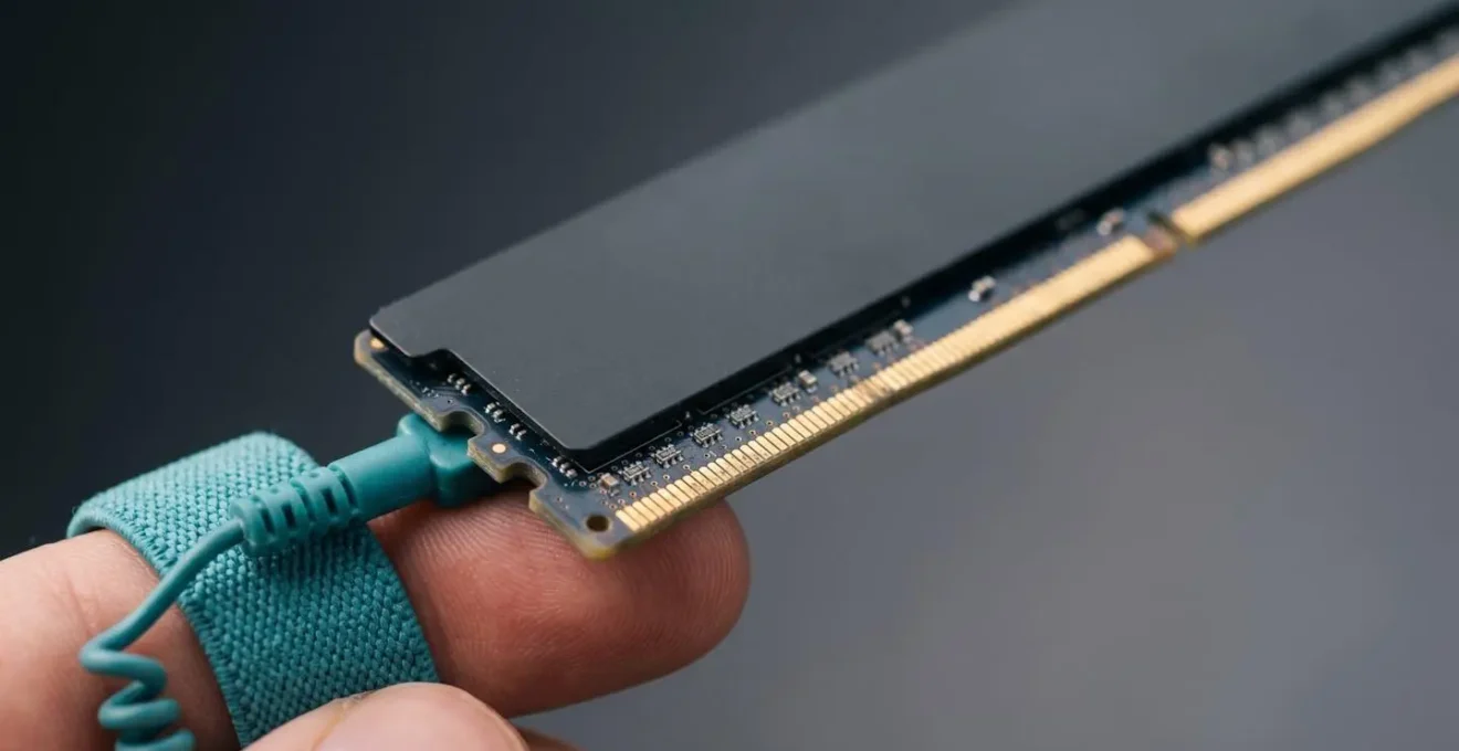 Vue rapprochée d'une barrette de mémoire RAM DDR4 tenue délicatement avec bracelet antistatique