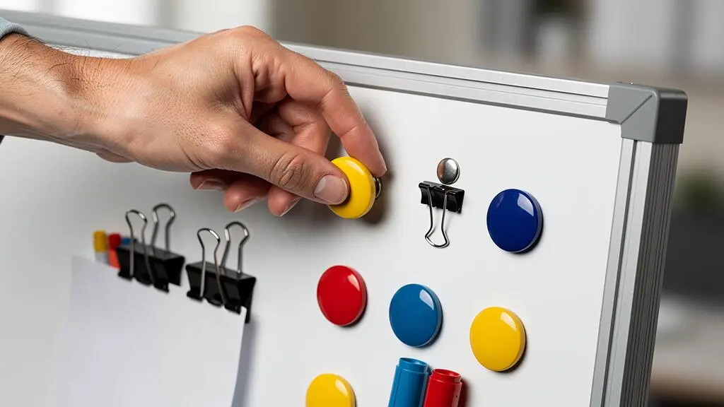 Gros plan d'une main plaçant un accessoire magnétique sur une surface de panneau magnétique émaillé blanc avec divers aimants et marqueurs colorés.