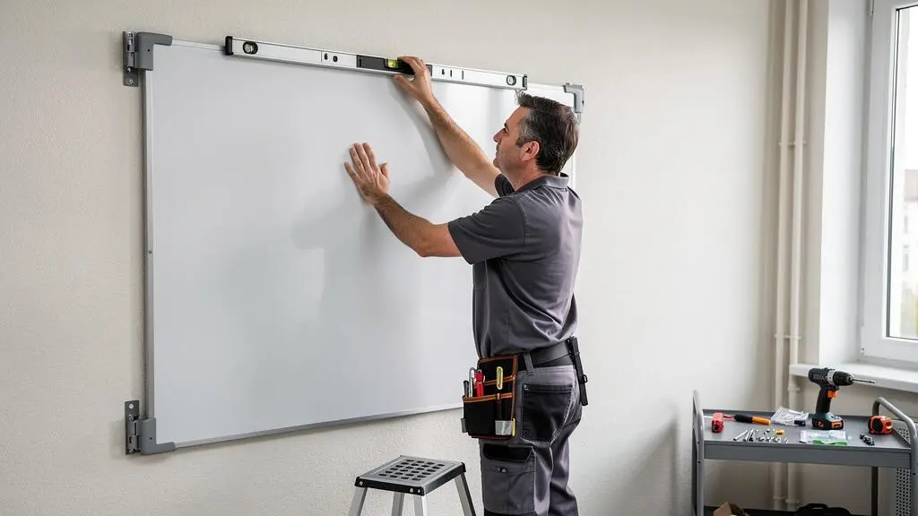 Installateur professionnel montant un tableau magnétique blanc sur un mur de bureau en utilisant un niveau à bulle pour assurer un alignement parfait.
