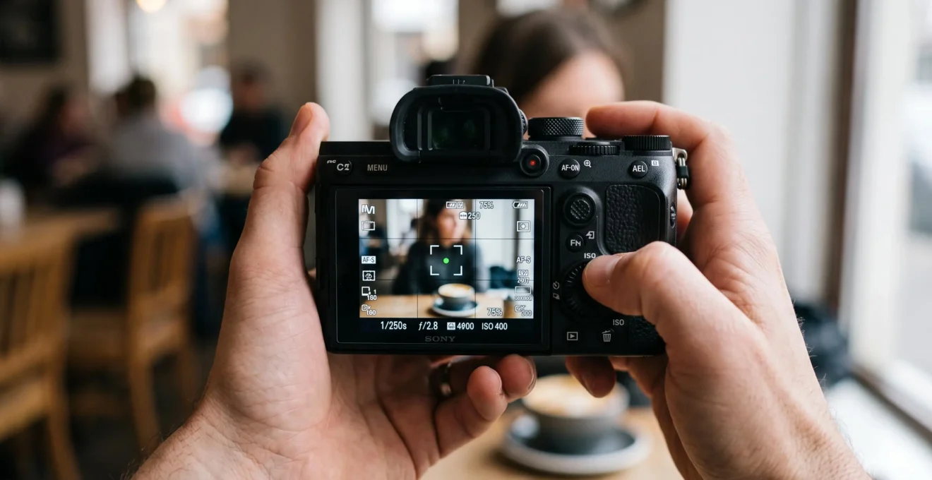 Gros plan sur les mains d'un photographe en train de fixer un objectif sur un boîtier d'appareil photo