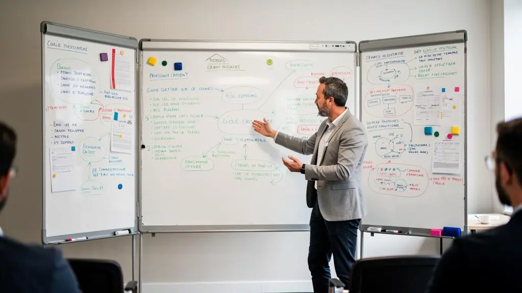 Formateur professionnel utilisant un système de panneau magnétique triptyque à trois volets lors d'une session de formation, avec plusieurs sections couvertes de notes et diagrammes.