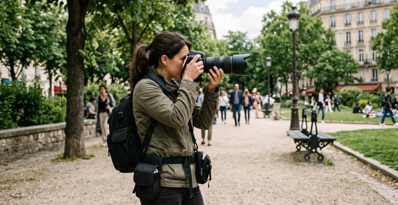Un photographe tenant un appareil reflex avec un objectif téléobjectif, en train de cadrer une prise de vue dans un parc urbain